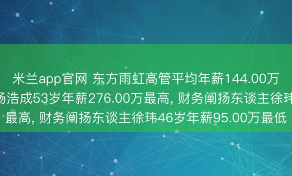 米兰app官网 东方雨虹高管平均年薪144.00万: 总裁及非零丁董事杨浩成53岁年薪276.00万最高， 财务阐扬东谈主徐玮46岁年薪95.00万最低